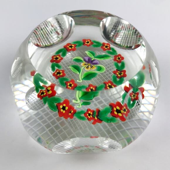 Perthshire 1998D Garlanded Pansy Lampwork Flower Leaves Clear Facet Paperweight - Picture 3 of 15